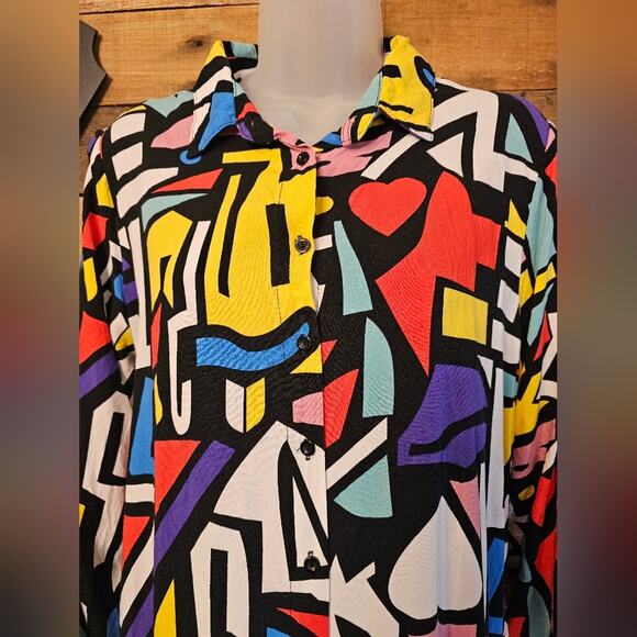Big Dart Women's Colorful Retro Pop Art Print Button Up Long Sleeve Sz M/L - Picture 5 of 12